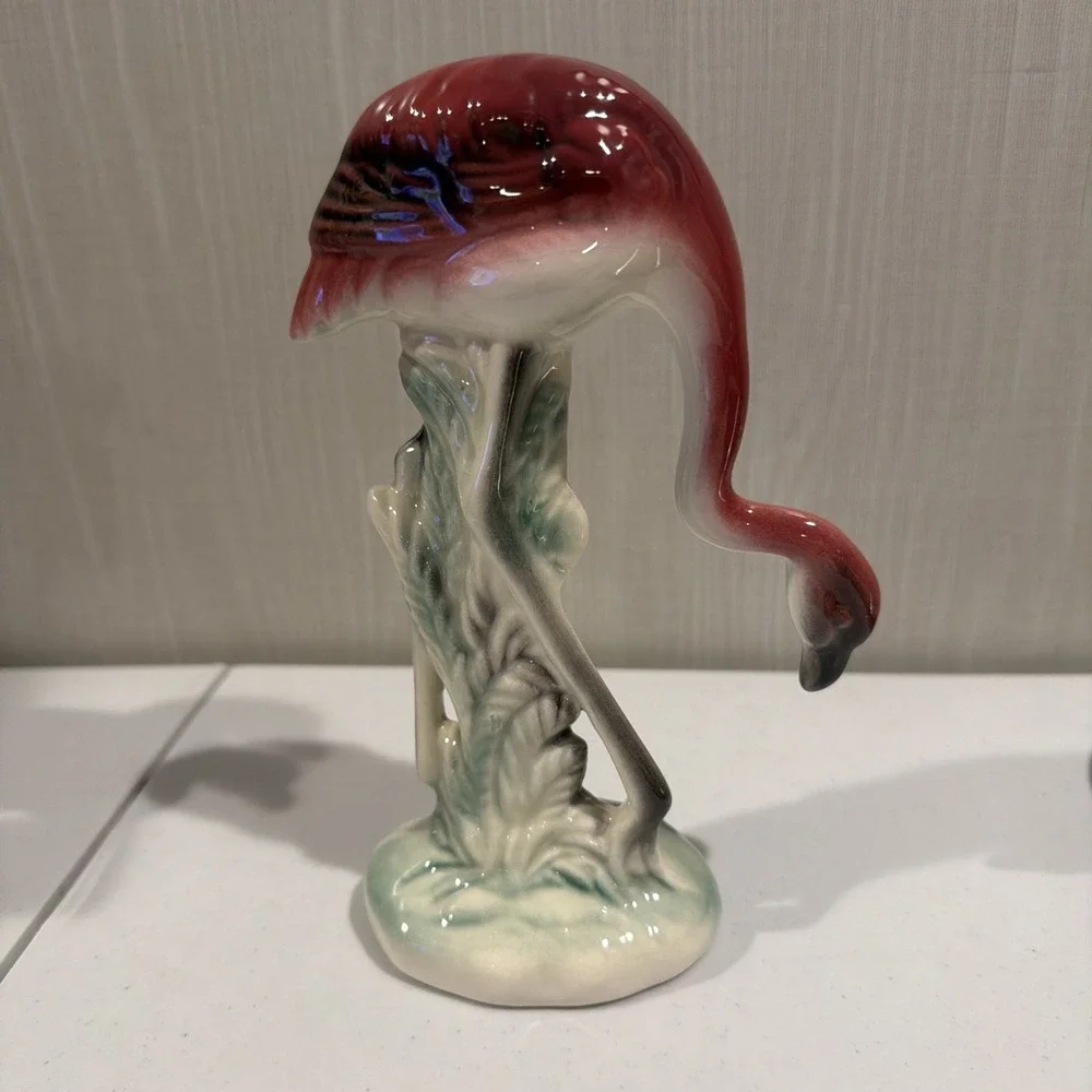 Vintage, mid-century Art Deco Style Pink‎ Flamingo Head Down Ceramic Figurine
